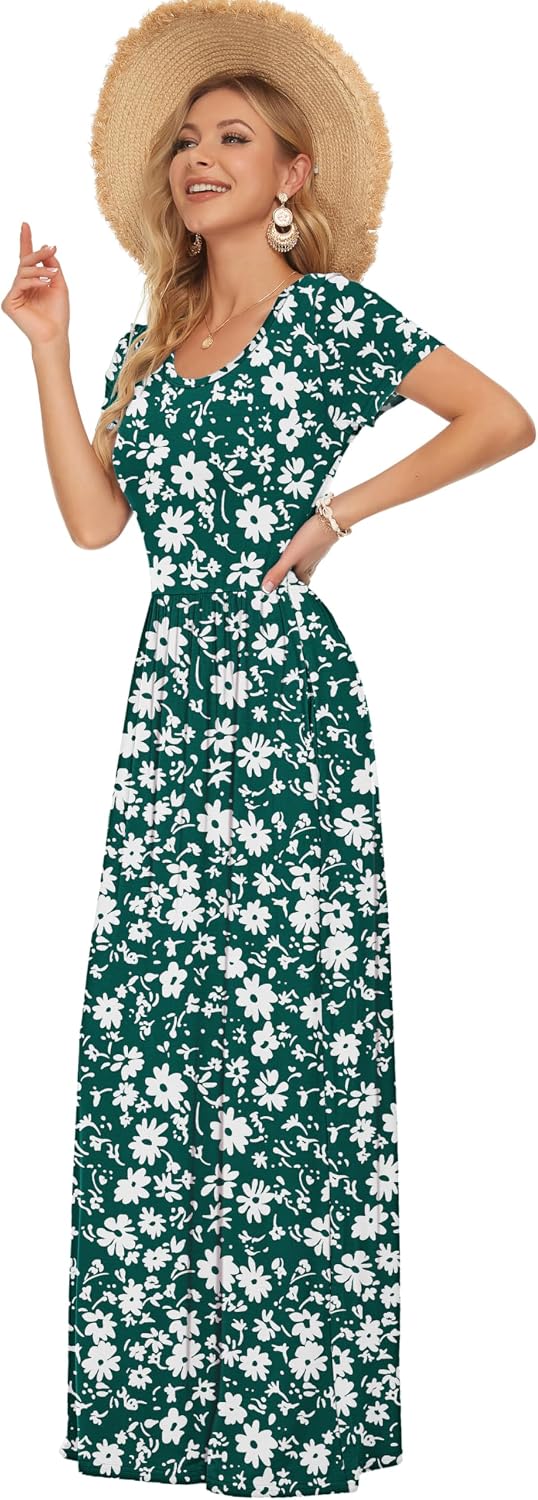 Detalle de AUSELILY Damen Kurzarm Sommer Casual Long Maxi Kleider mit Taschen