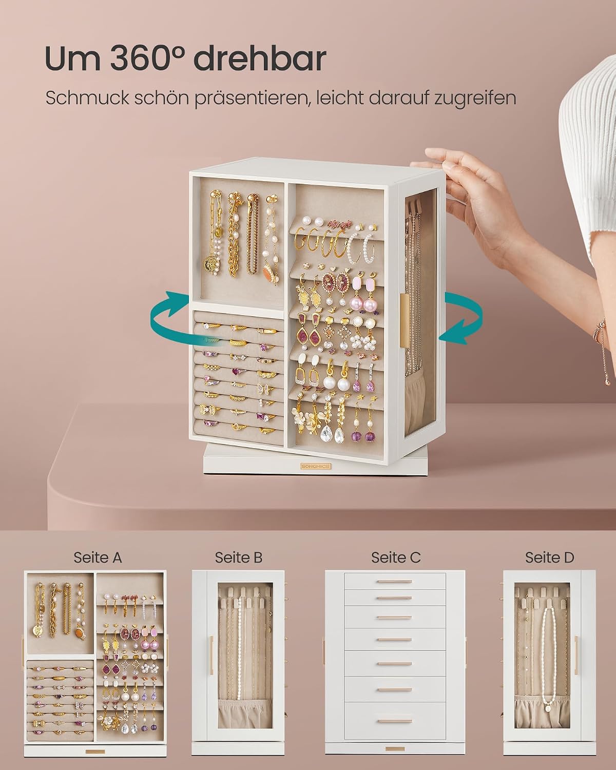 Detalle 2 de SONGMICS Schmuckkästchen 360° drehbar, 7 Schubladen, seitliche Glasfenster – GISELLA Kollektion