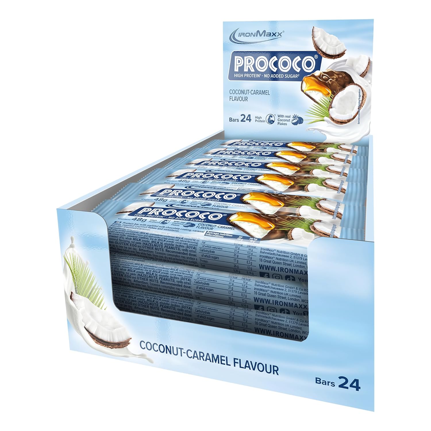 Detalle de IronMaxx Prococo Coconut Caramel – High Protein Riegel mit Kokosraspeln, 24 x 48 g