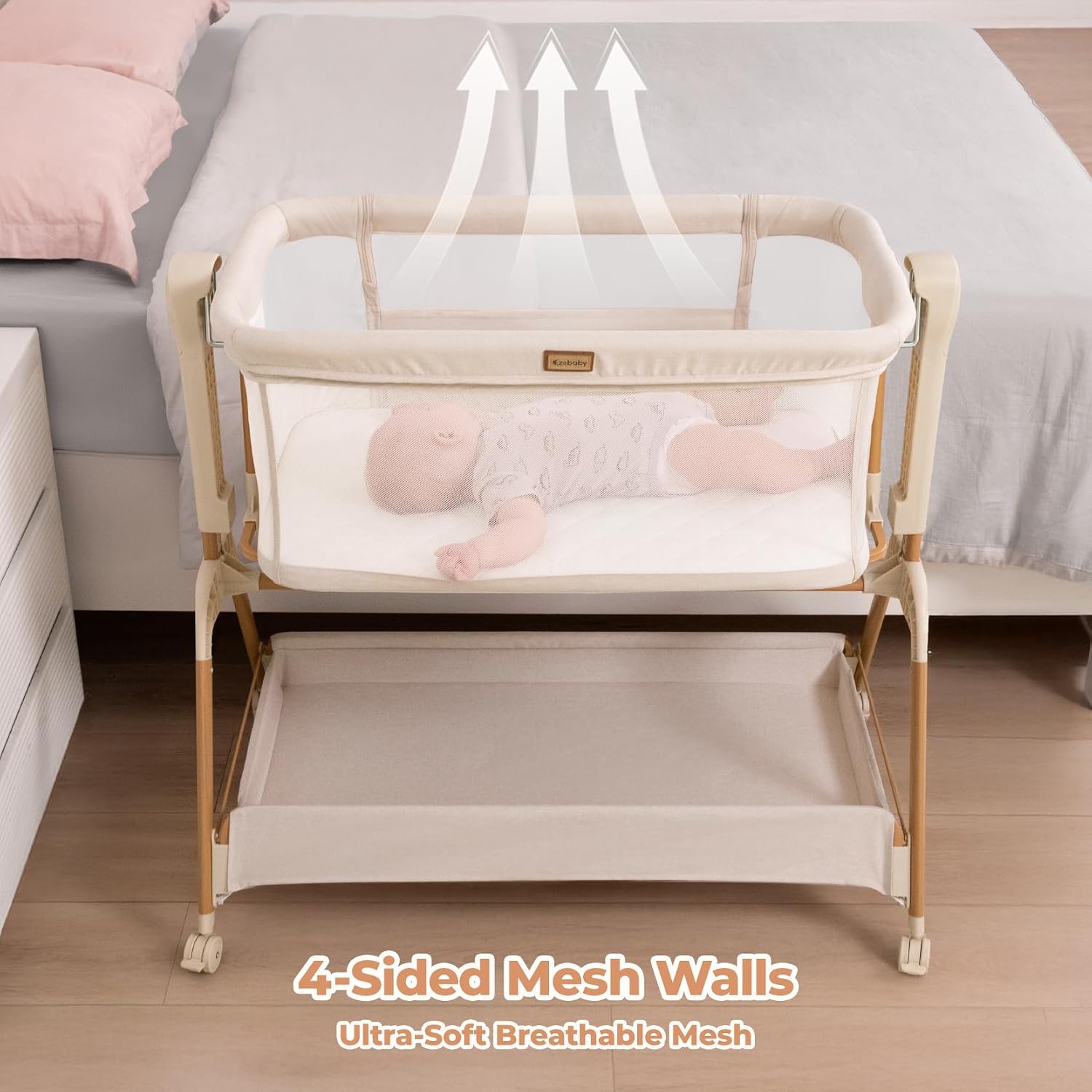 Detalle 2 de Ezebaby OD-B19 3-in-1 Bedside Bassinet with Mesh Sides and Lockable Wheels