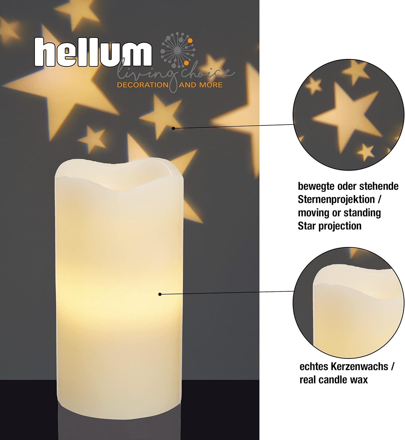 Detalle de Candela LED Hellum con timer, Ø8 x H15 cm, cera vera e cielo stellato (batterie AAA non incluse)
