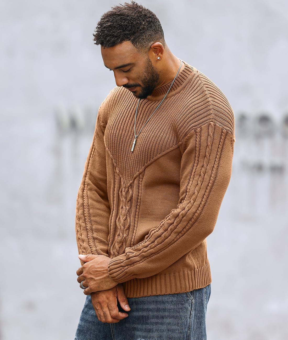 Detalle de SAVKOOV Men's Pullover Jumper: Long Sleeve Crewneck Knitted Sweater
