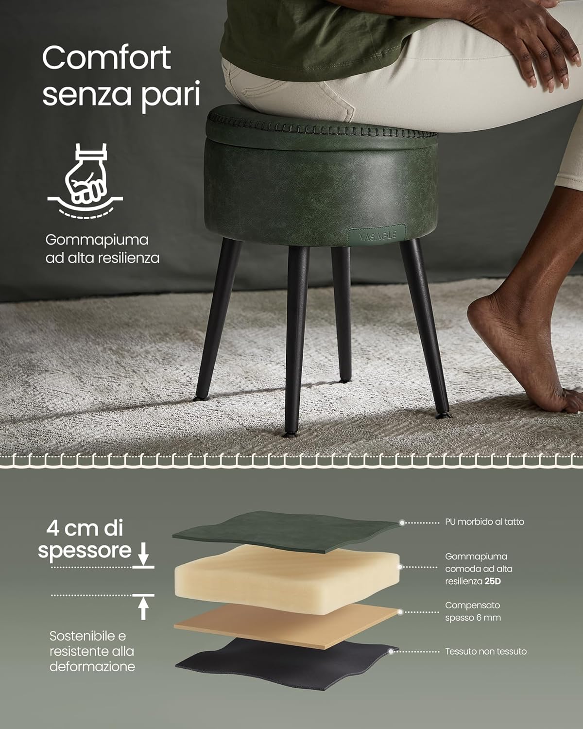 Thumbnail 6 de VASAGLE EKHO Collezione – Sgabello contenitore verde foresta, pouf e poggiapiedi in PU con cuciture, 150 kg
