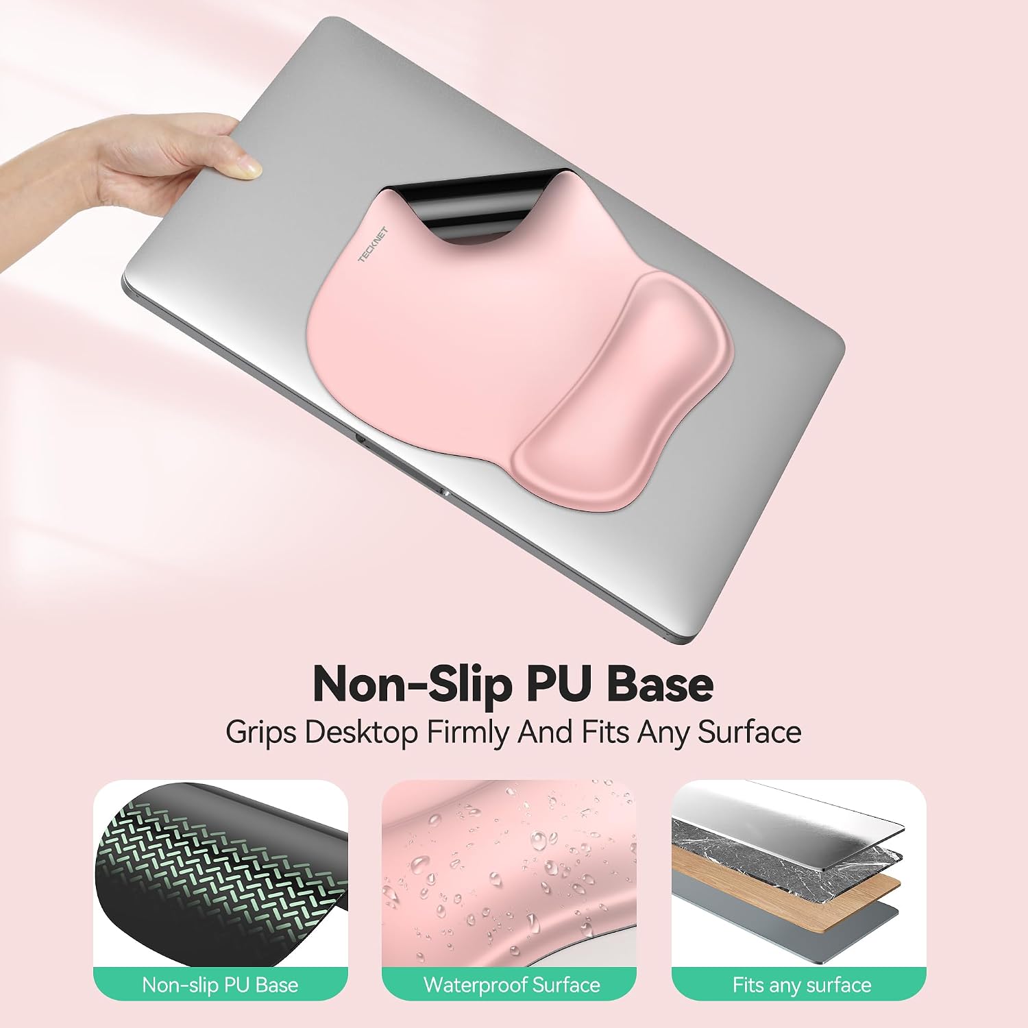 Detalle de TECKNET Gel Ergonomic Mouse Pad with Wrist Rest, Pink, Non-Slip PU Base