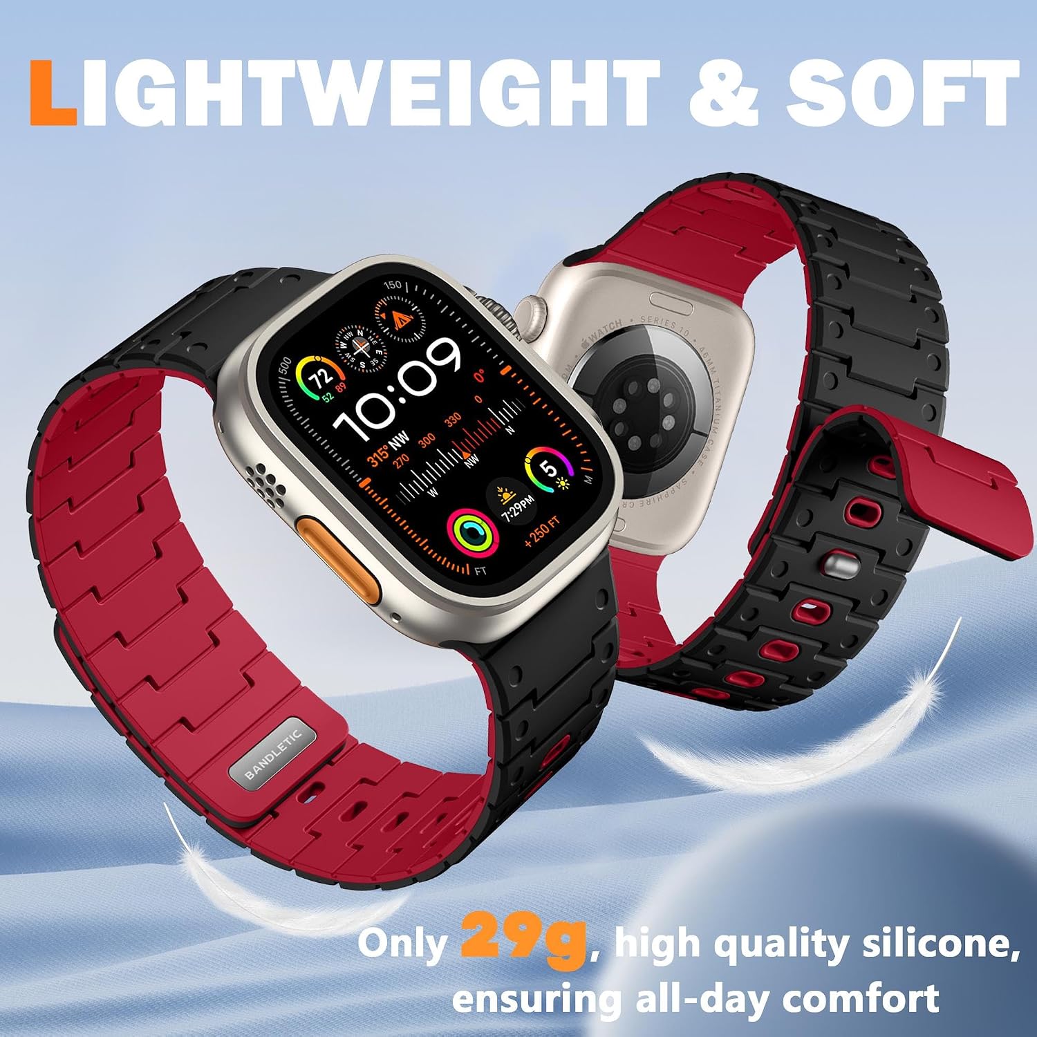Detalle de Bandletic Magnetic Strap for Apple Watch — Soft Silicone, Dual-Security Magnetic & Pin‑Tuck, 42–49mm (for Ultra/Series/SE)