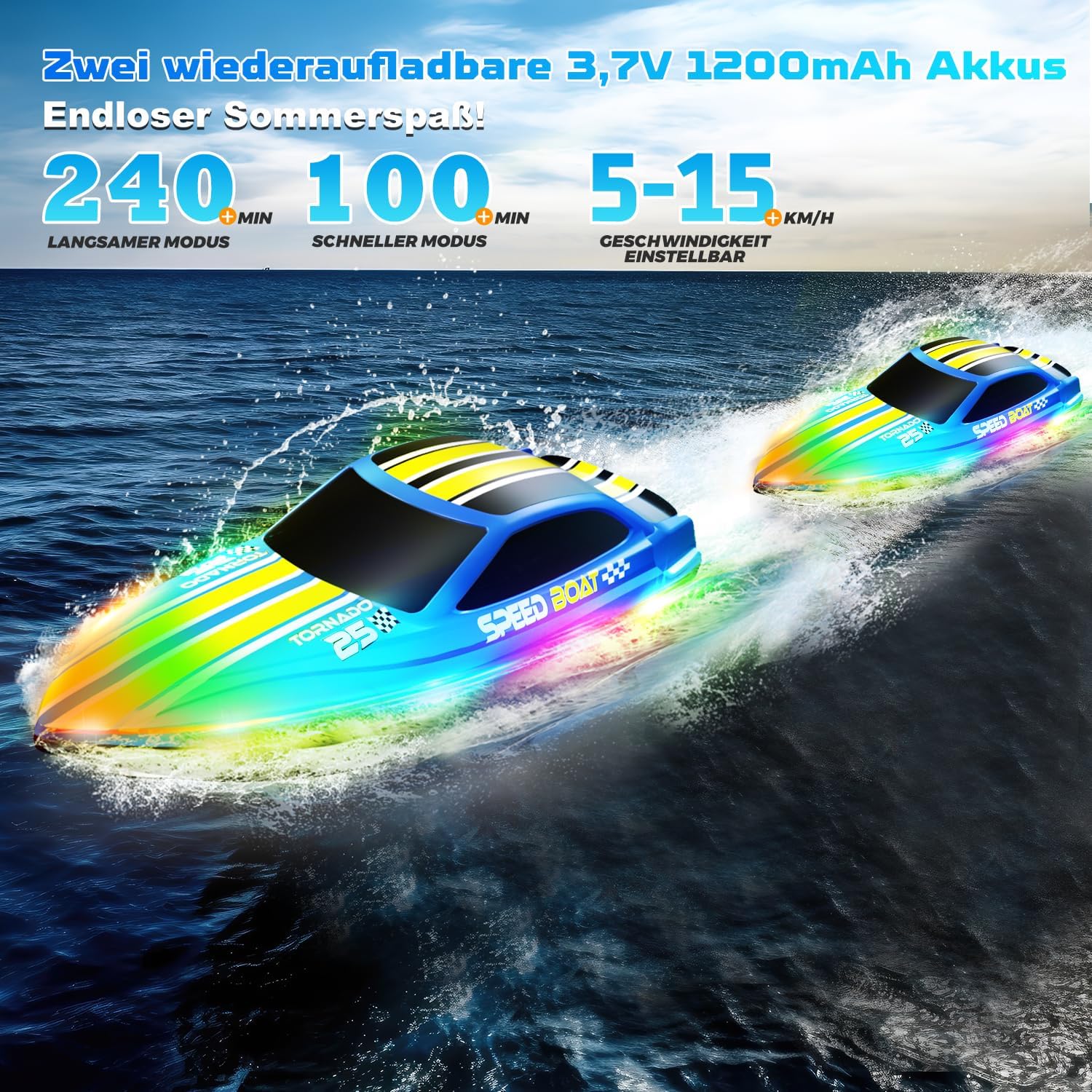 Thumbnail 5 de Ferngesteuertes Boot 2,4 GHz mit 7 LED-Lichtmodi, 15 km/h, 2 Batterien