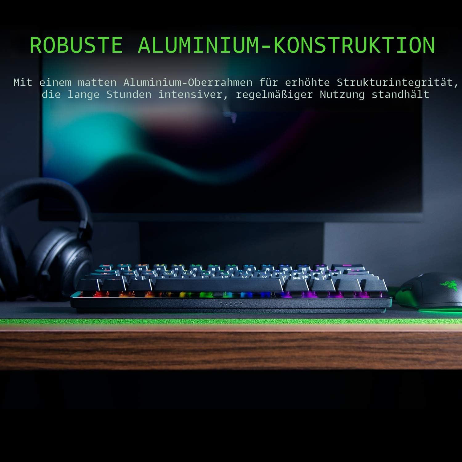 Detalle de Razer Huntsman Mini (Purple Switch) kompakte 60%-Gaming-Tastatur mit optischen Switches, Doubleshot PBT und USB‑C (QWERTY US, schwarz)