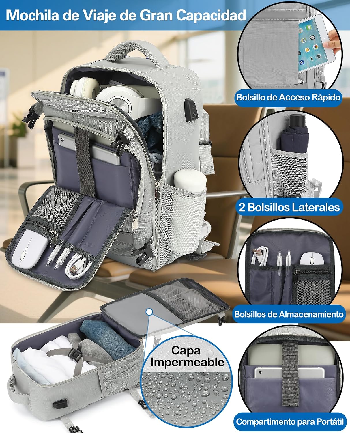Detalle 2 de KLOSTAIN Mochila de Viaje Cabina para Avión ✈️ 30L Gris Claro