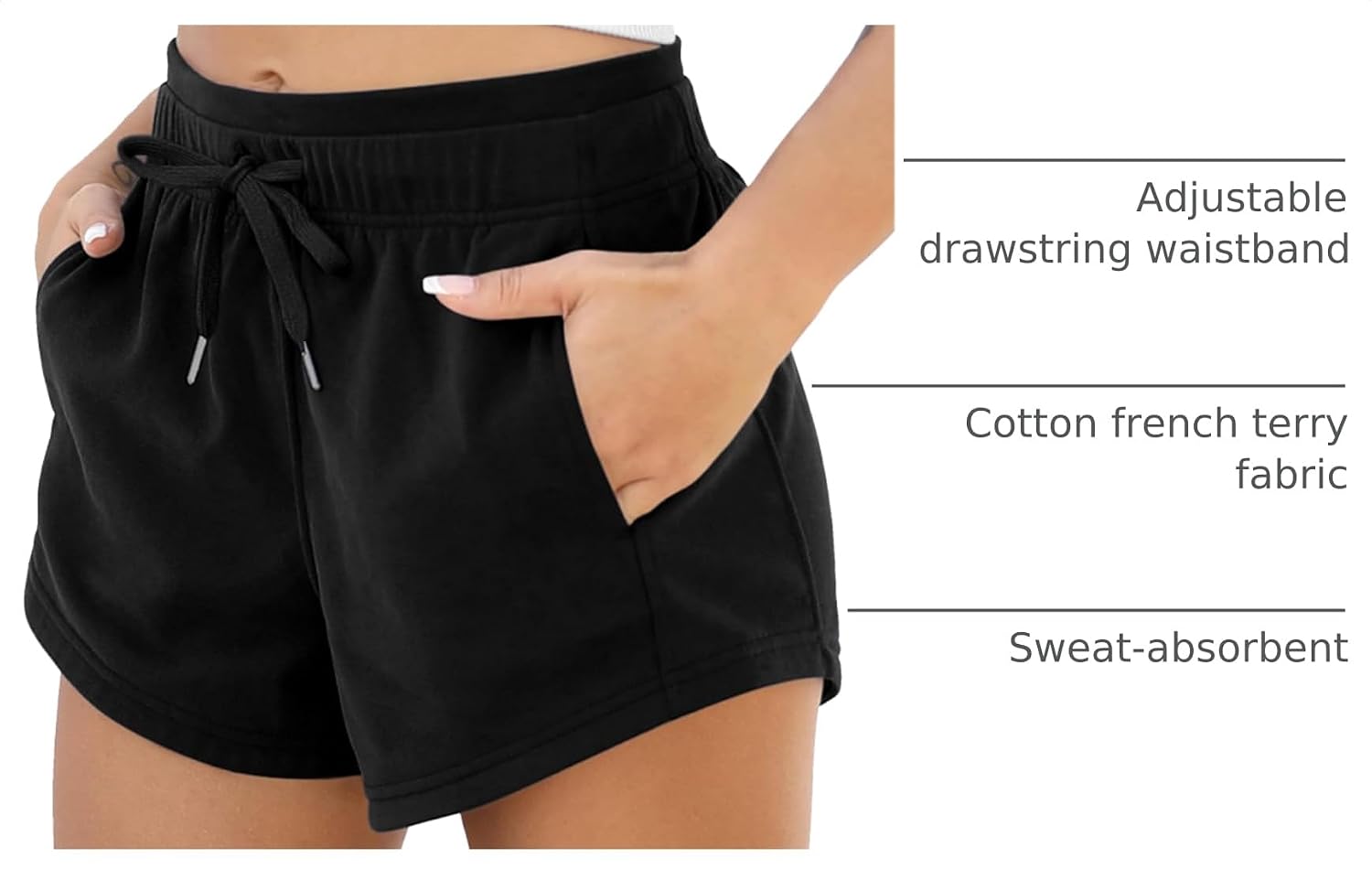 Detalle 2 de ODODOS Women’s Sweat Shorts with Pockets (Cotton French Terry Drawstring)