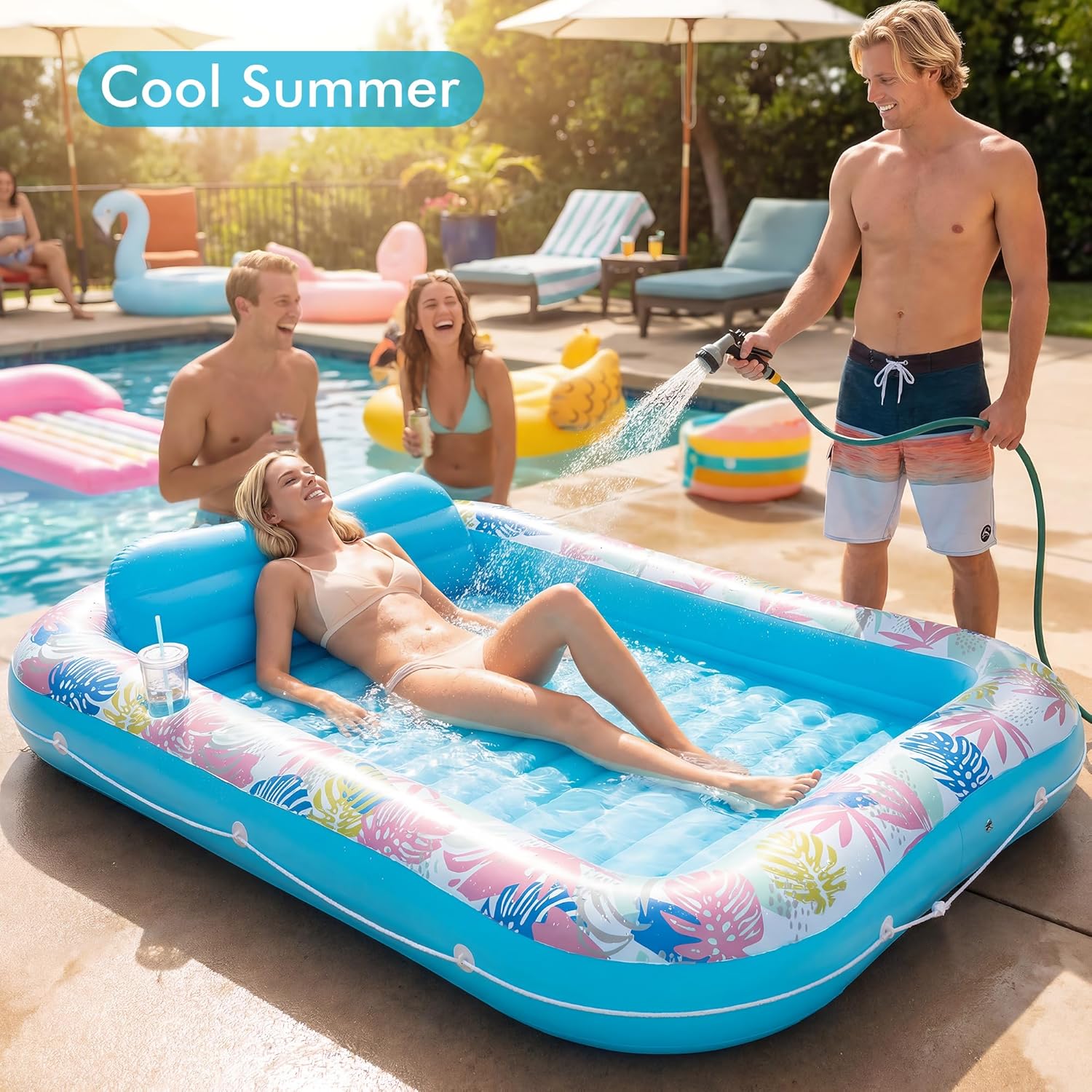 Thumbnail 5 de OKSUWATER Tanning Pool Lounger Float (87" x 63", Blue, XL) with Headrest, Cup Holder, and Heavy-Duty Design