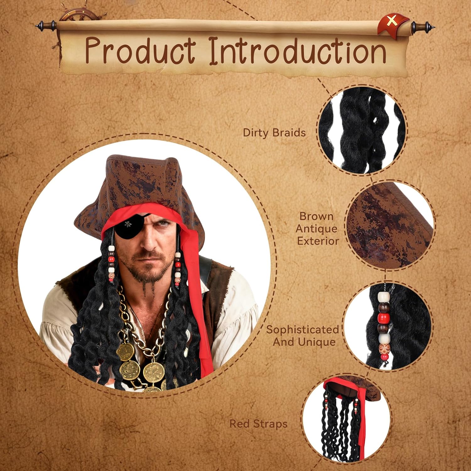 Detalle de Alaoo Pirate Costume Accessories Set with Captain Accessories: Bandana, Eye Patch, Anchor Pendant Chain