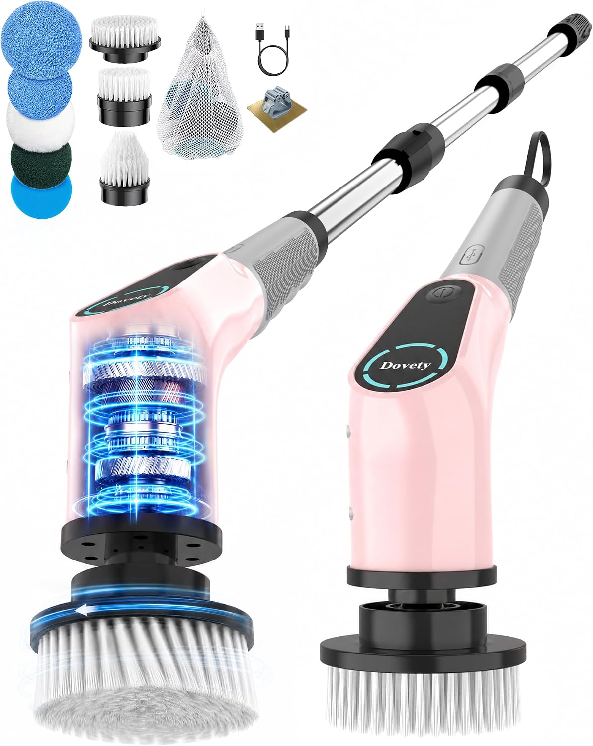 Detalle de Dovety CB02 Electric Spin Scrubber, Extendable Handle, 8 Brush Heads, Pink