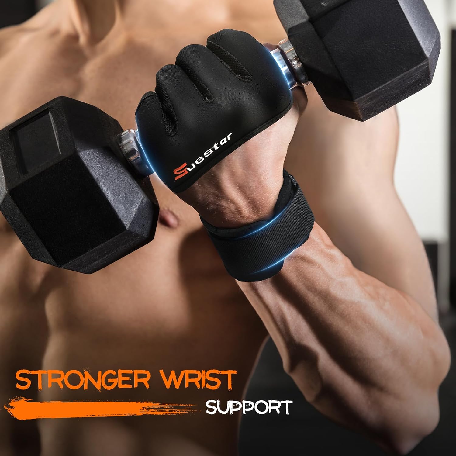 Detalle de SueStar Workout Gloves with Cowhide Palm, Wrist Support and Silicone Grip