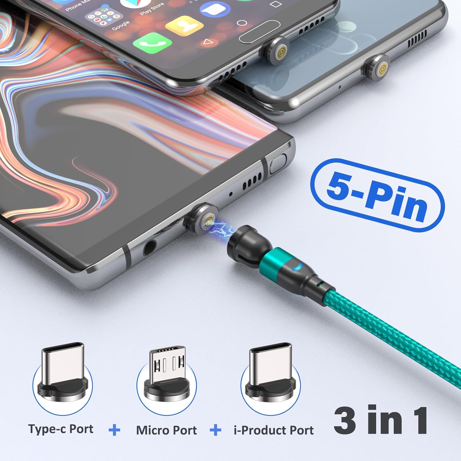 Thumbnail 4 de TUNKIA 5Pin Magnet Ladekabel (3-in-1) 4er-Set mit drehbarem Magnetkopf, 0,5–3 m – grün