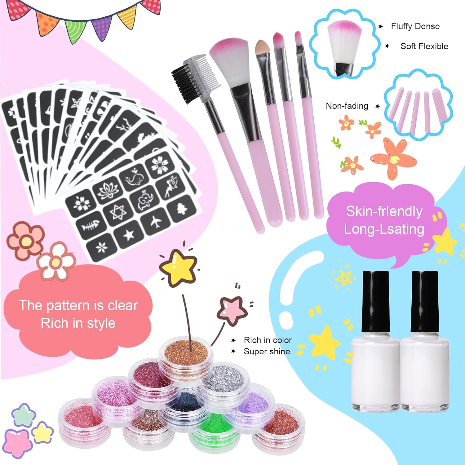Detalle de Glitzer Tattoo Set Kinder von DSYZWEE – 40 Farben, 147 Schablonen, 5 Pinsel, 2 Kleber, wasserfest
