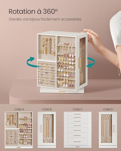 Detalle de SONGMICS Collection GISELLA – Boîte à Bijoux Rotative 360°, 7 tiroirs, fenêtres en verre, blanc nuage (JBC201W01)