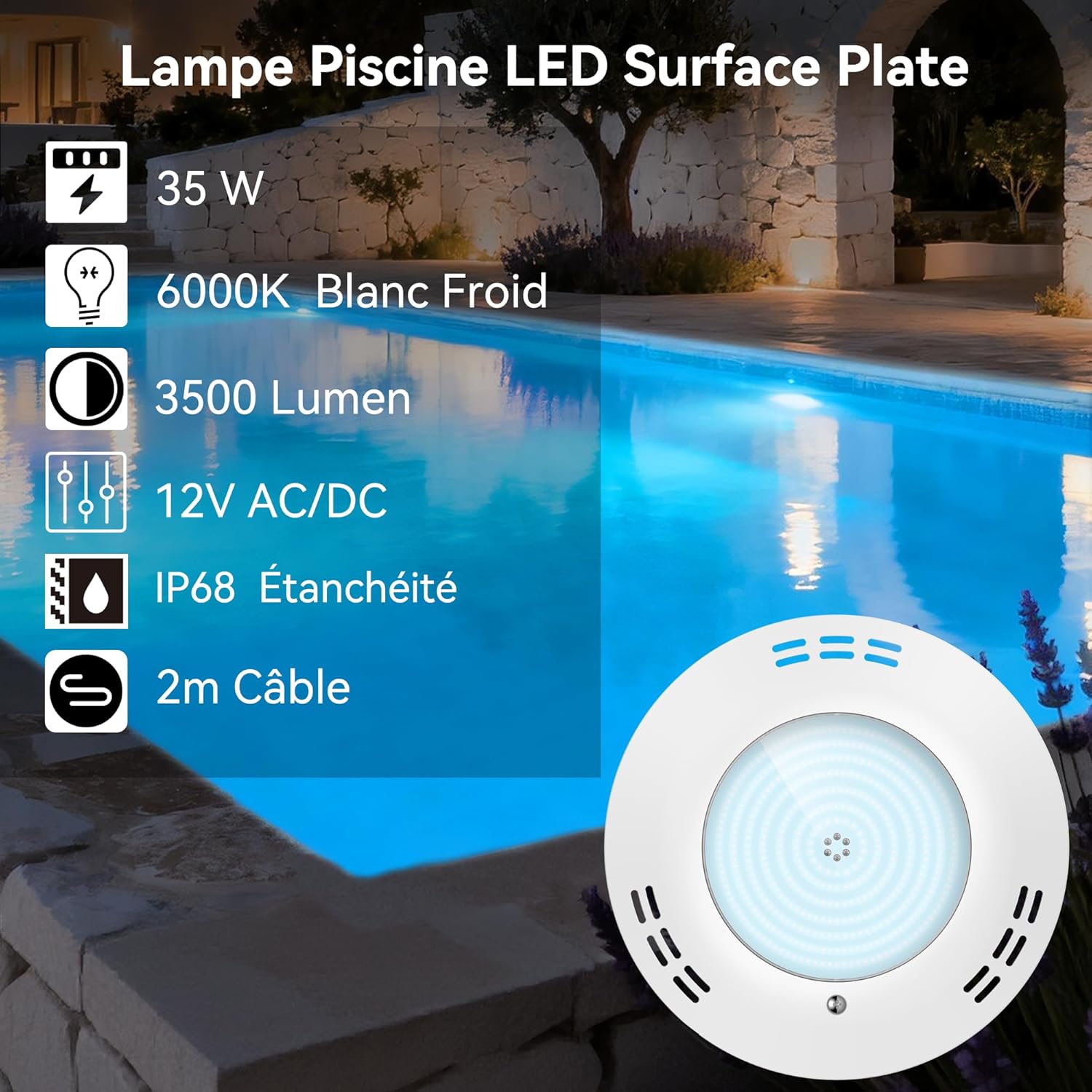 Thumbnail 1 de LyLmLe projecteur piscine LED rempli de résine 35W (12V AC/DC) 3500 lm, IP68, angle 140°, 6000K