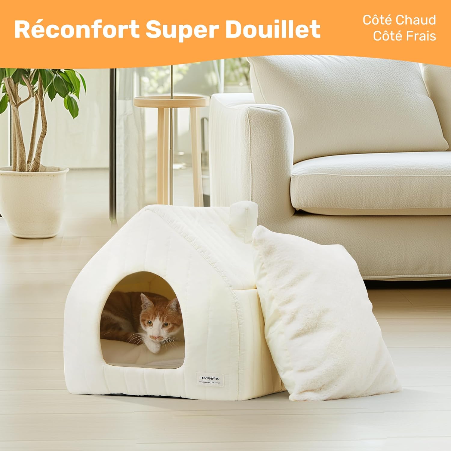 Thumbnail 1 de FUKUMARU lit pour chat d’intérieur 2 en 1 avec coussin amovible lavable (45 cm)