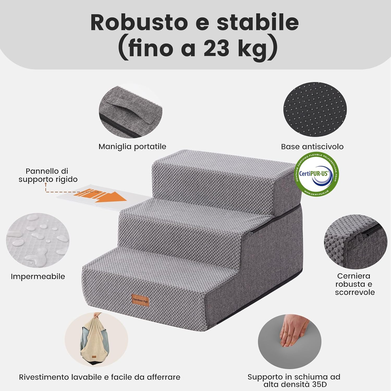 Detalle de Gardner Pet Scala per Cani Piccola taglia a 3 gradini in schiuma 35D, rivestimento impermeabile e antiscivolo – Grigio