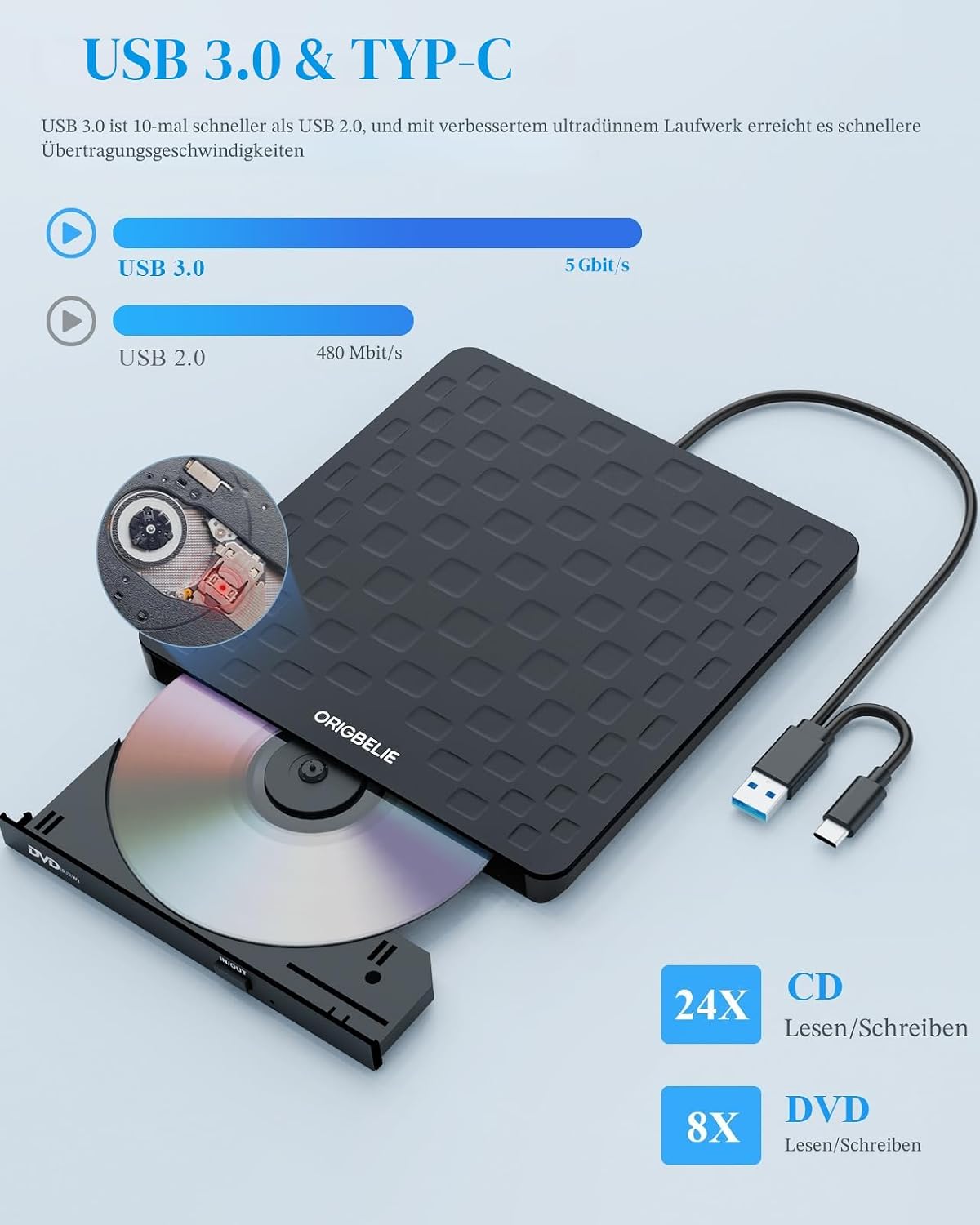 Thumbnail 3 de ORIGBELIE Externes DVD Laufwerk Ultra Slim 13 mm 📀