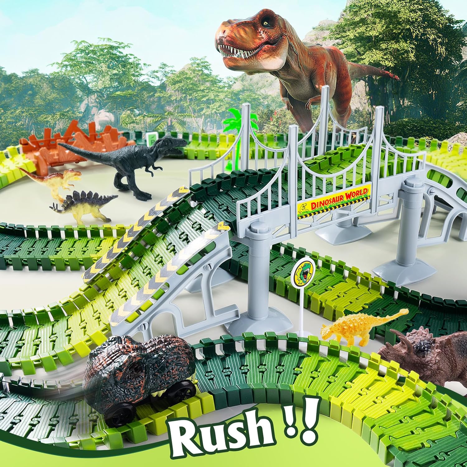Detalle de Dinosaurier Spielzeug Autorennbahn – DIY Rennstrecke mit 2 Dinolokomobilen für kreativen Abenteuer