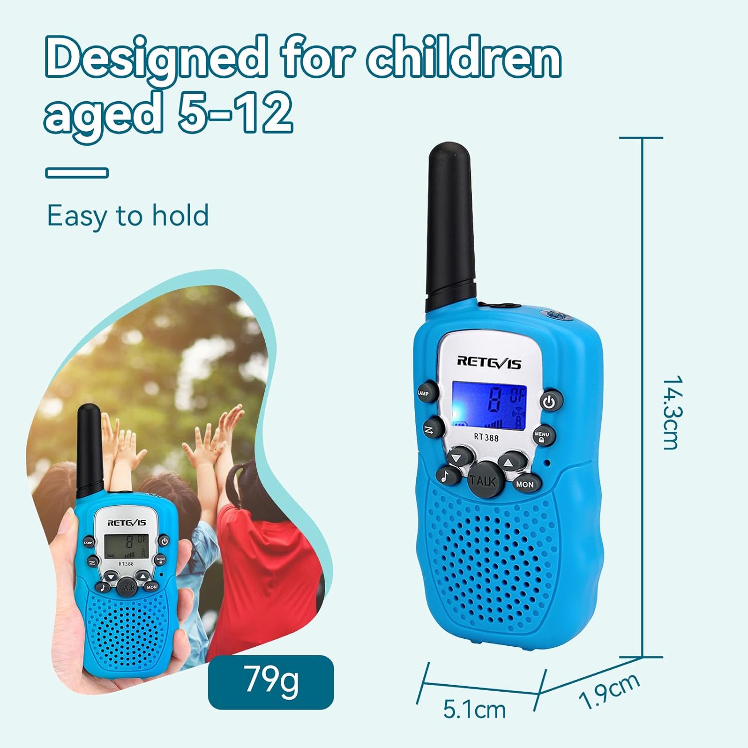 Thumbnail 2 de Retevis RT388 Walkie Talkie Bambini PMR446 con VOX, torcia e 8 canali (1 coppia, blu) per 4-12 anni