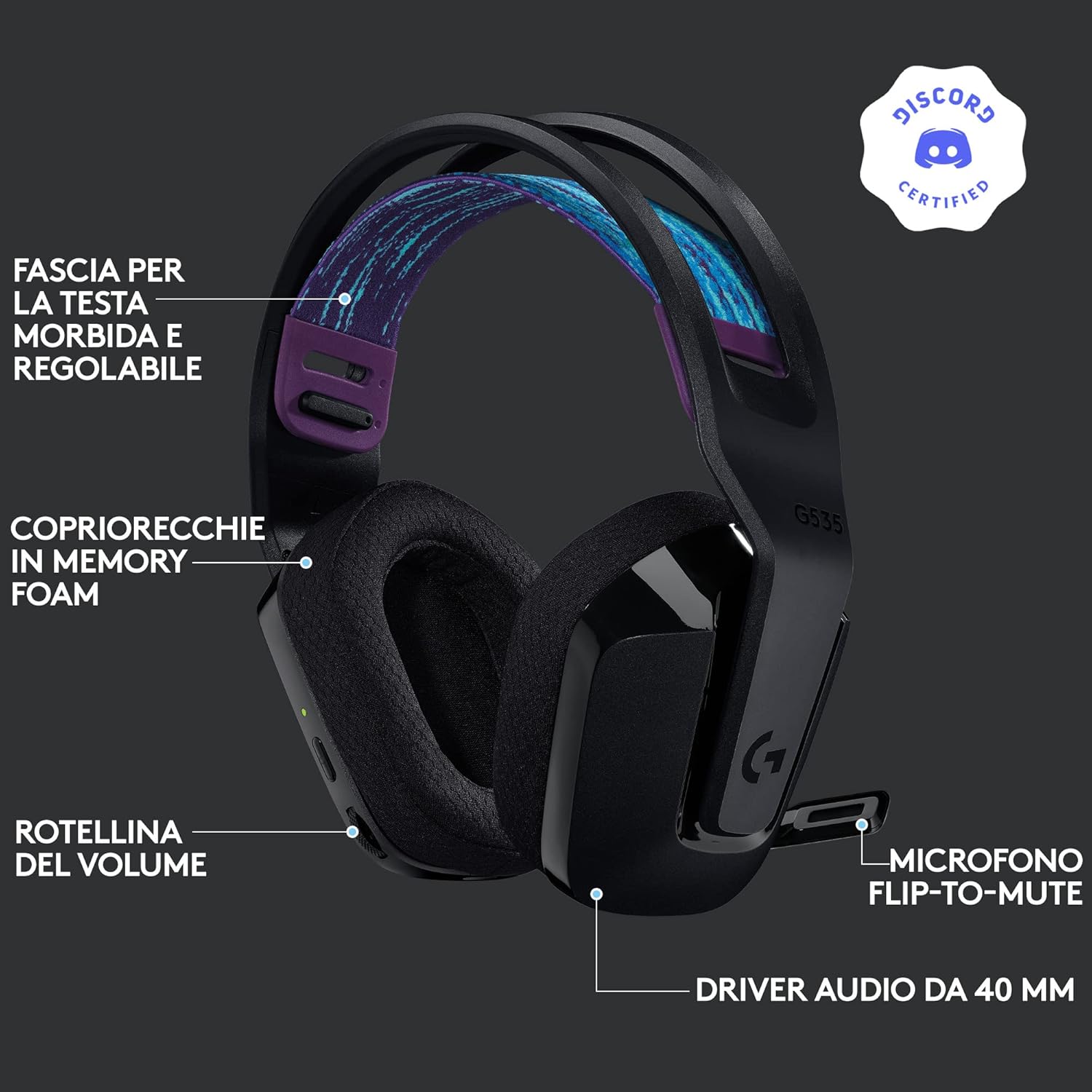 Thumbnail 5 de Logitech G G535 LIGHTSPEED cuffie gaming wireless con microfono flip-to-mute (USB) per PC, PS4 e PS5