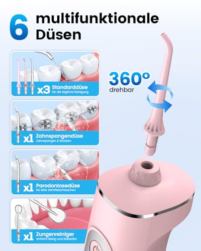 Detalle 2 de JTF Irrigador bucal eléctrico de 300 ml rosa, 3+1 modos y 6 boquillas