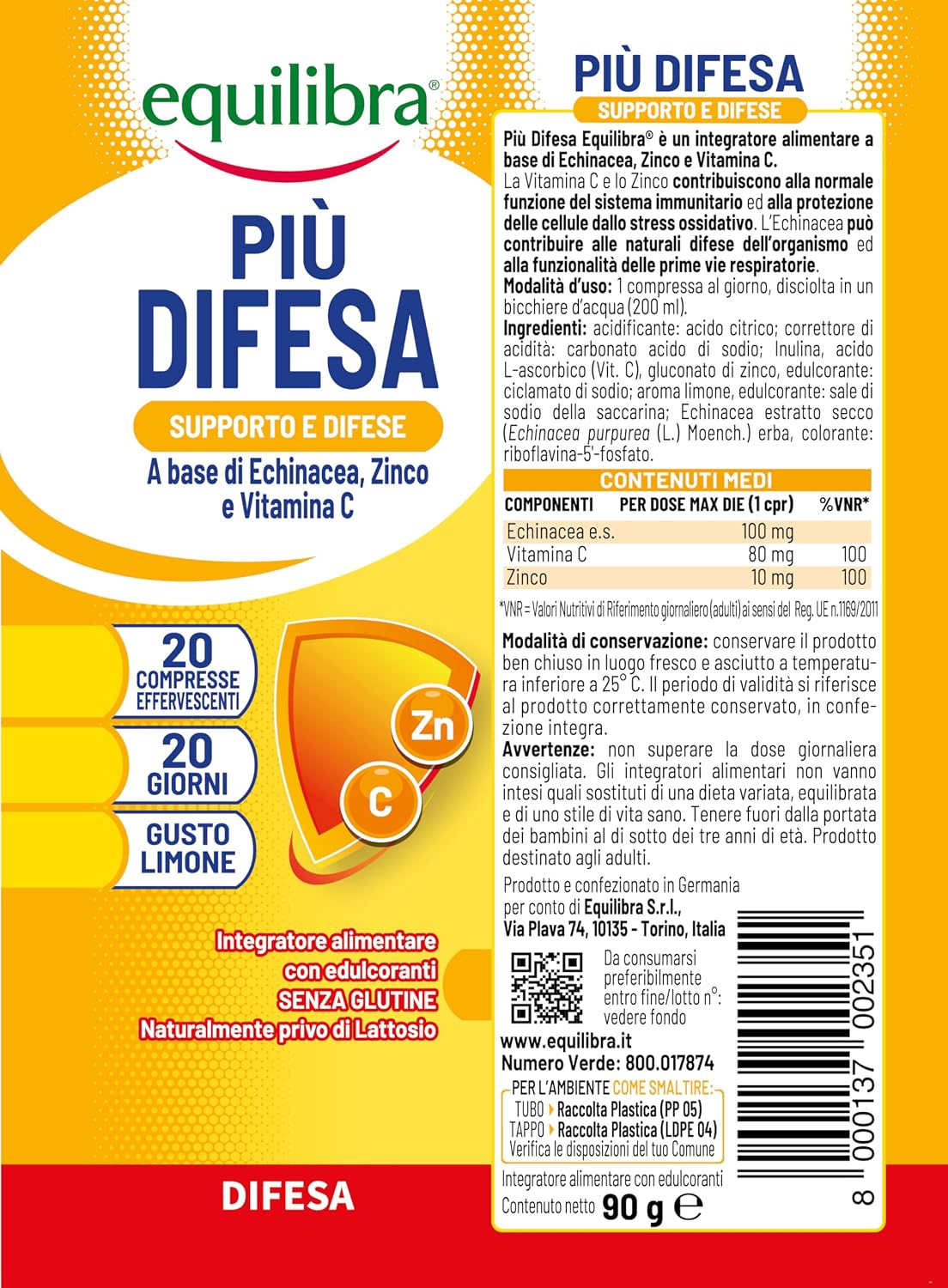 Detalle de Equilibra Integratori Alimentari Più Difesa con Echinacea, Zinco e Vitamina C, compresse effervescenti al gusto limone (3 pezzi)