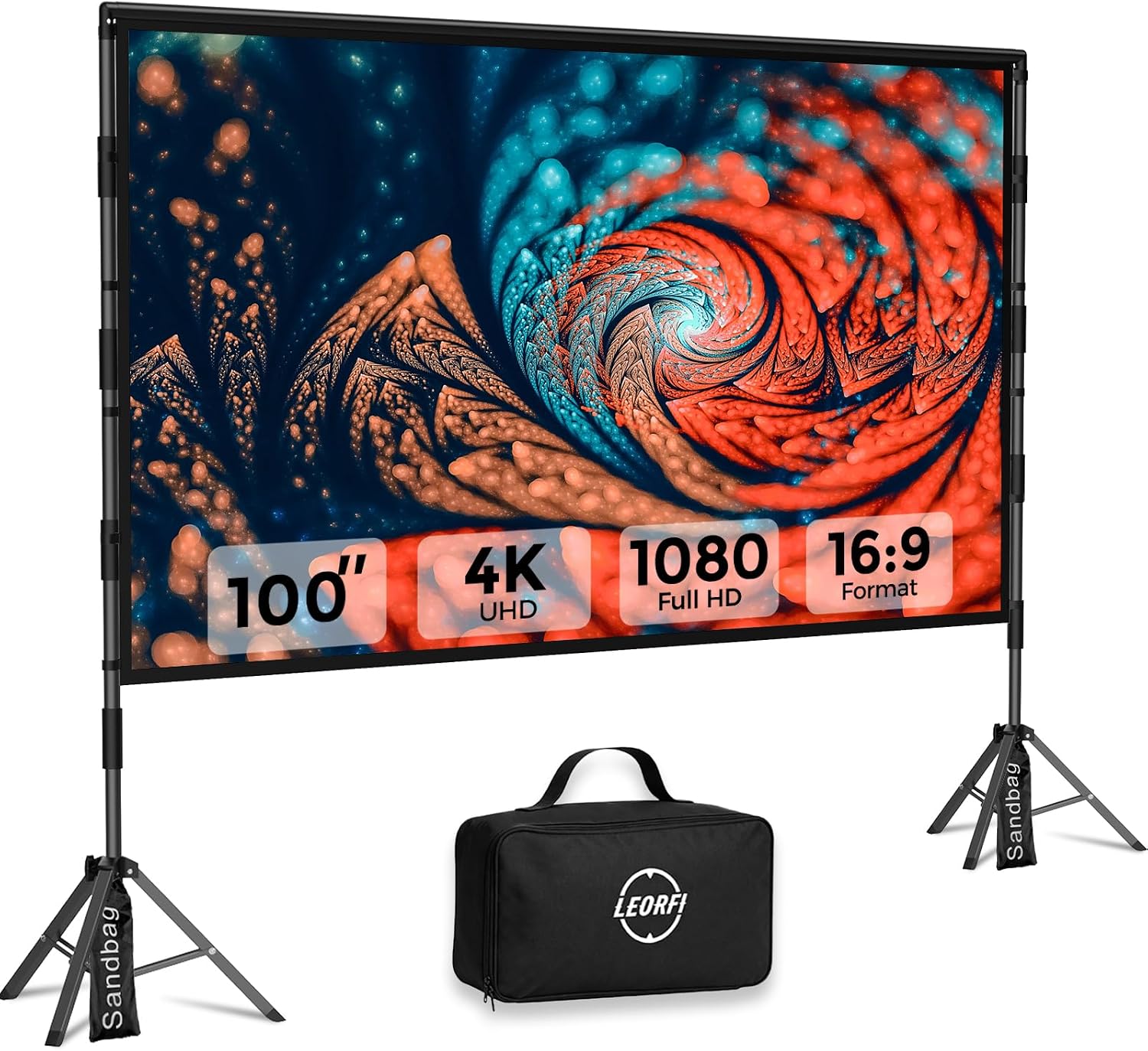 LEORFI Beamer-Leinwand mit Stativ, 100 Zoll Outdoor & Indoor (16:9, 4K/HD), Tragetasche – faltbar