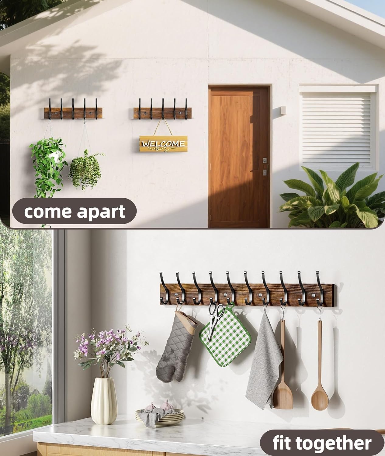 Thumbnail 6 de Optish coat hooks3 Wooden Wall Coat Rack, 10 Double Hooks, Rustic Brown