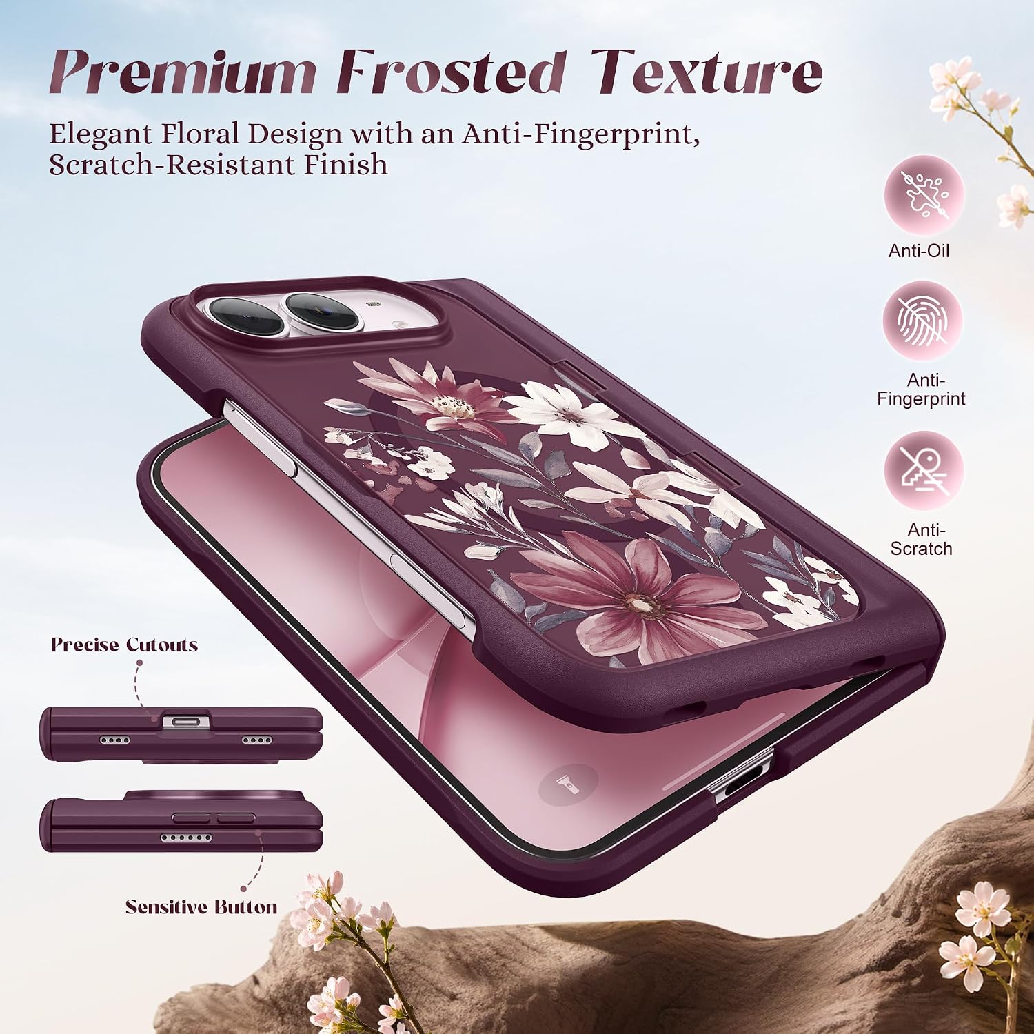 Thumbnail 4 de GVIEW iPhone Duo Case, MagSafe Compatible, Clarkia/Dark Cherry Floral Design