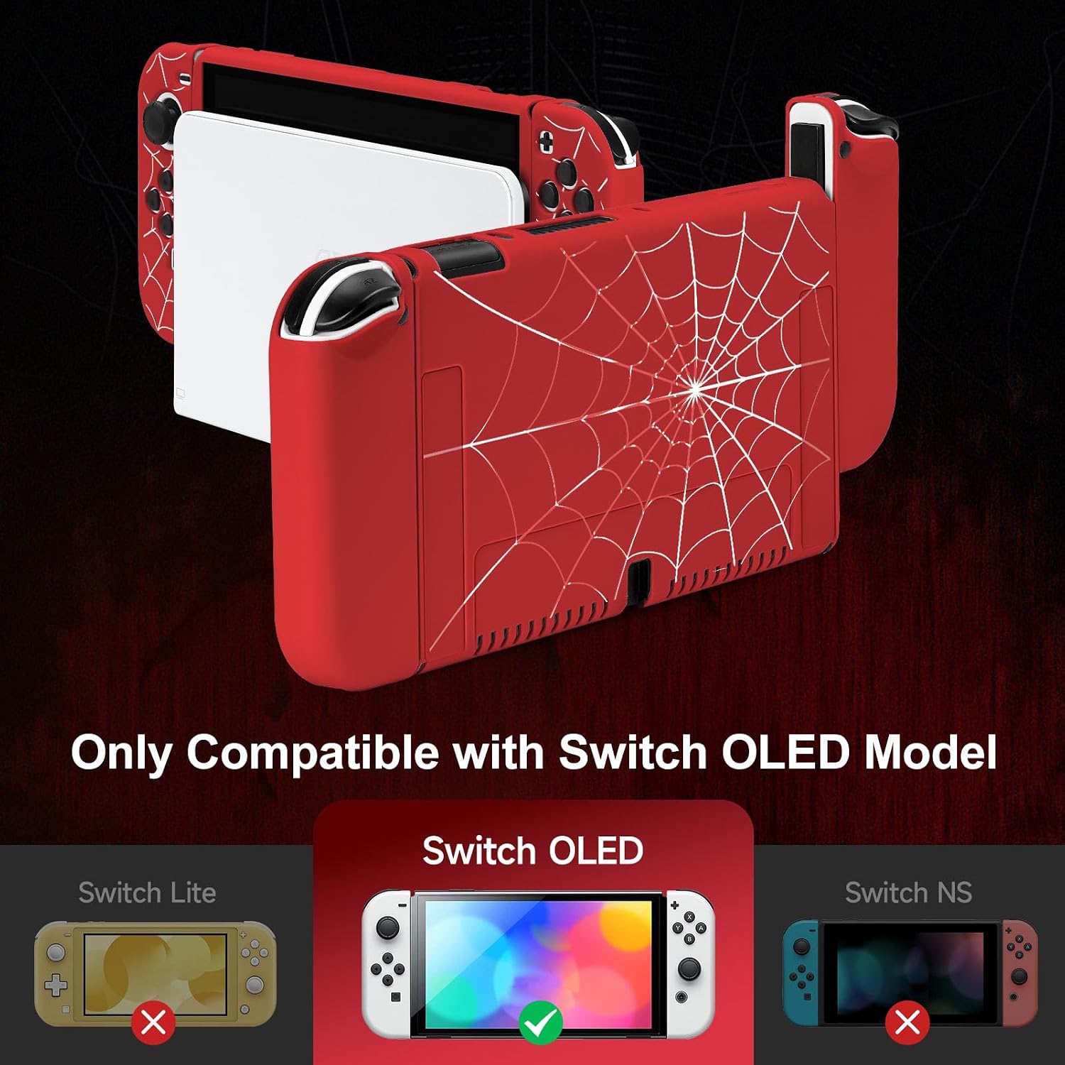 Detalle de JINGDU TPU Case for Nintendo Switch OLED (2021) with 4 Thumb Grips – Red Spider Web