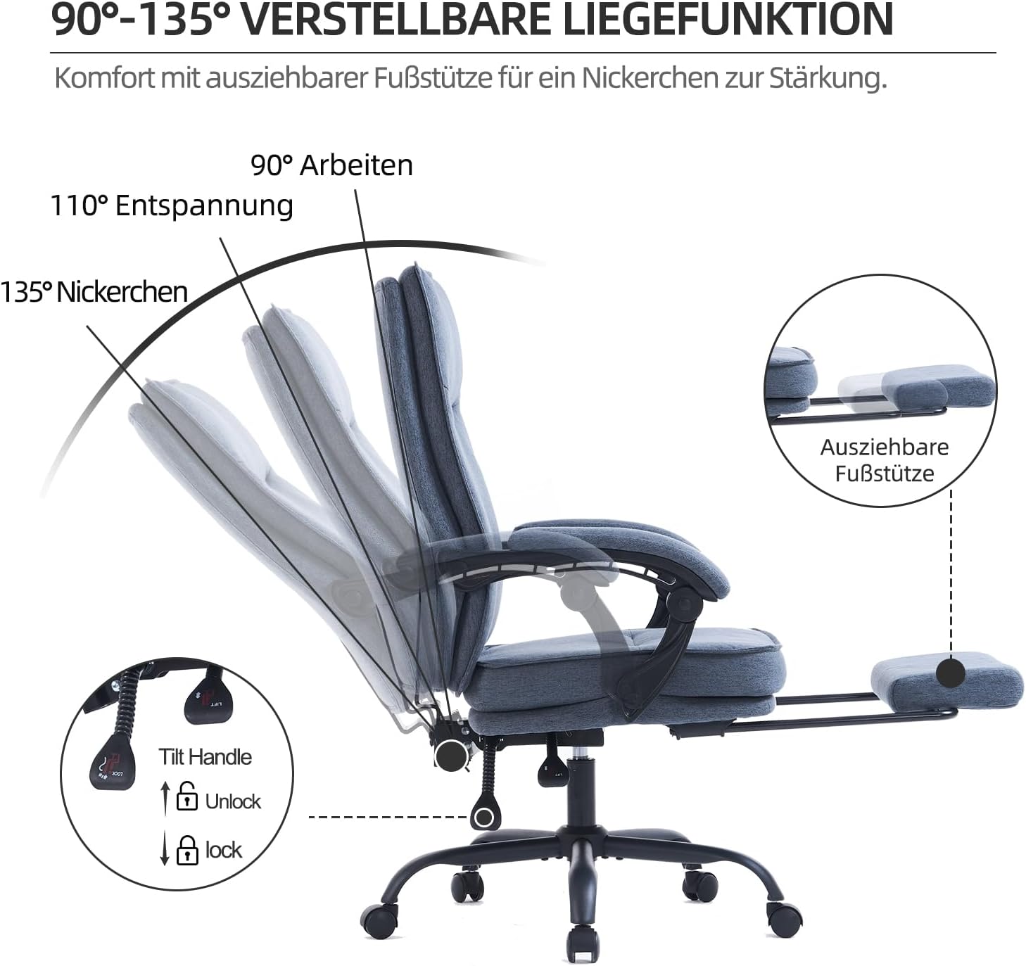 Detalle de MZLEE Bürostuhl ergonomisch: S‑Rückenlehne, Fußstütze und Liegefunktion bis 135°