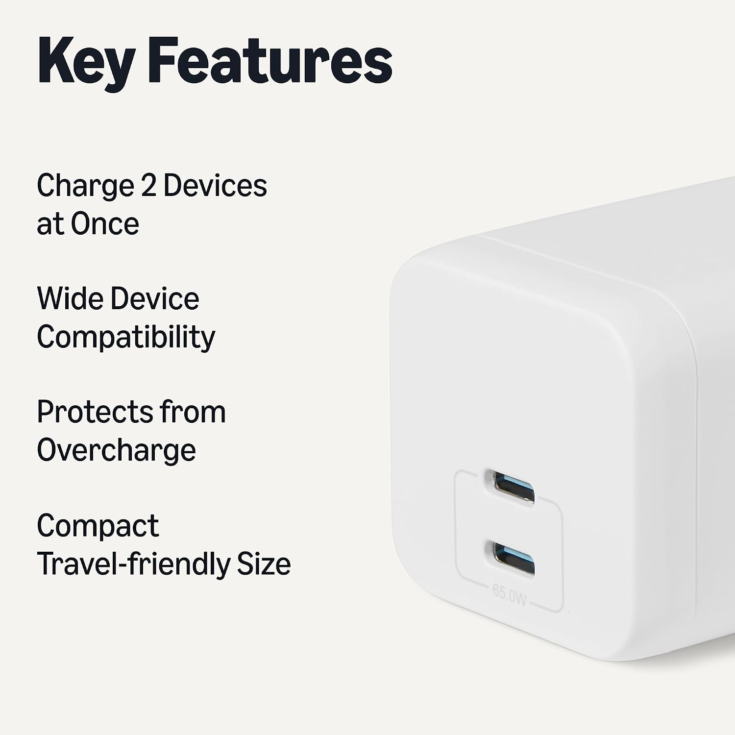 Thumbnail 1 de Amazon Basics Nano GaN 65W USB-C Fast Charging 2-Port Wall Charger (White)