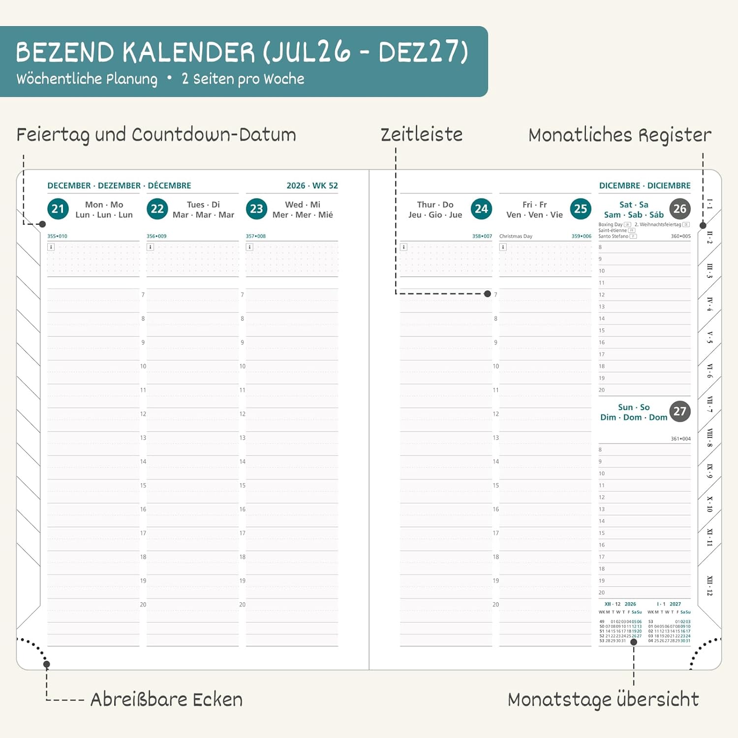 Thumbnail 2 de BEZEND Kalender 2026/2027 Wochenplaner A5 – Dunkelgrün, PU-Leder Hardcover, 18 Monate Juli 2026 bis Dez 2027
