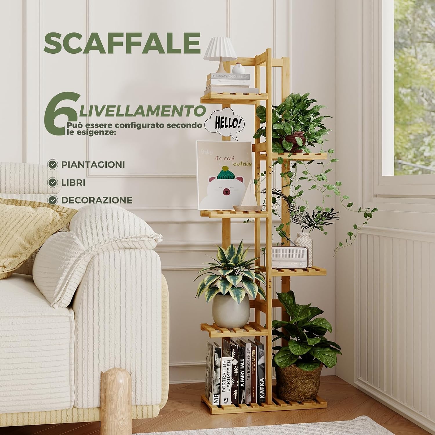 Detalle 2 de Bamworld Porta Piante da Interno in Bambù Naturale – Scaffale a 6 Livelli per Vasi