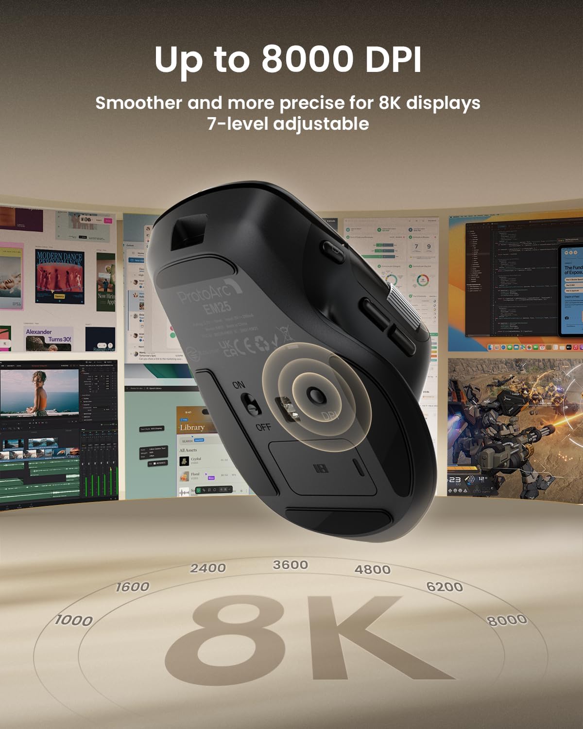 Thumbnail 5 de ProtoArc EM25 ergonomic wireless mouse (2.4G + Bluetooth) with fast flywheel scrolling, thumb wheel and custom button