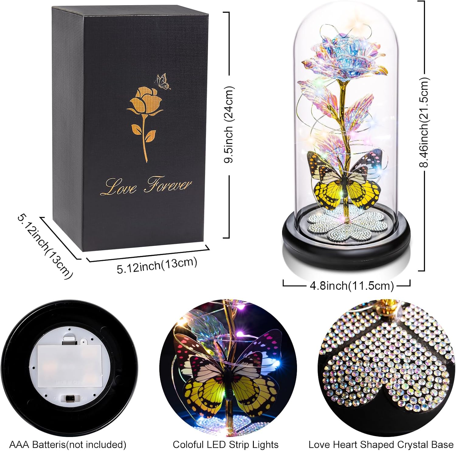 Detalle de Pusuny Galaxy Glass Rose in Dome with Butterfly - Eternal Crystal Rose Gift for Mom, Wife, or Daughter
