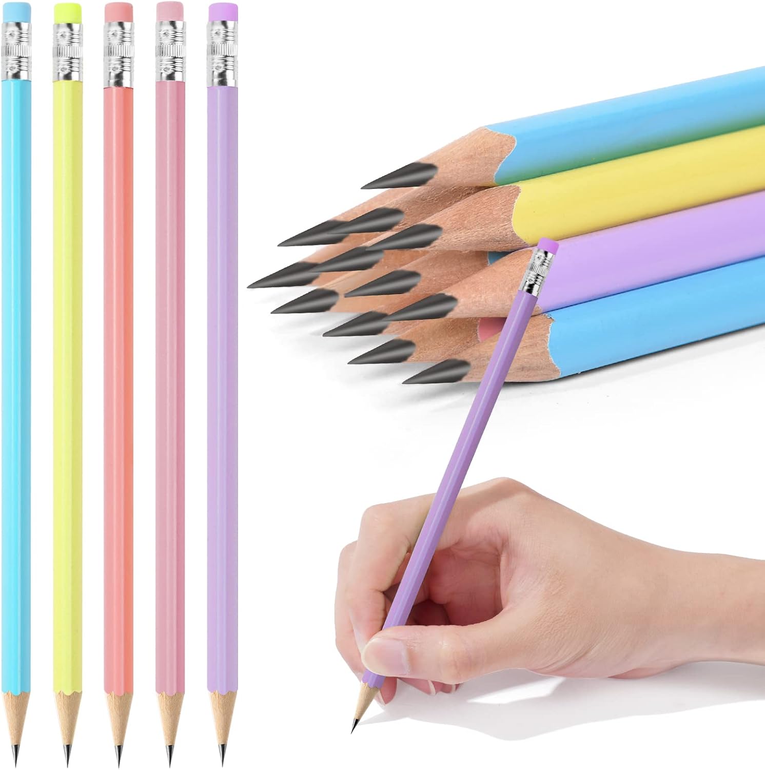 Detalle de AUAUY Pencils #2 HB – 12 träpennor i macaronfärger med suddgummi