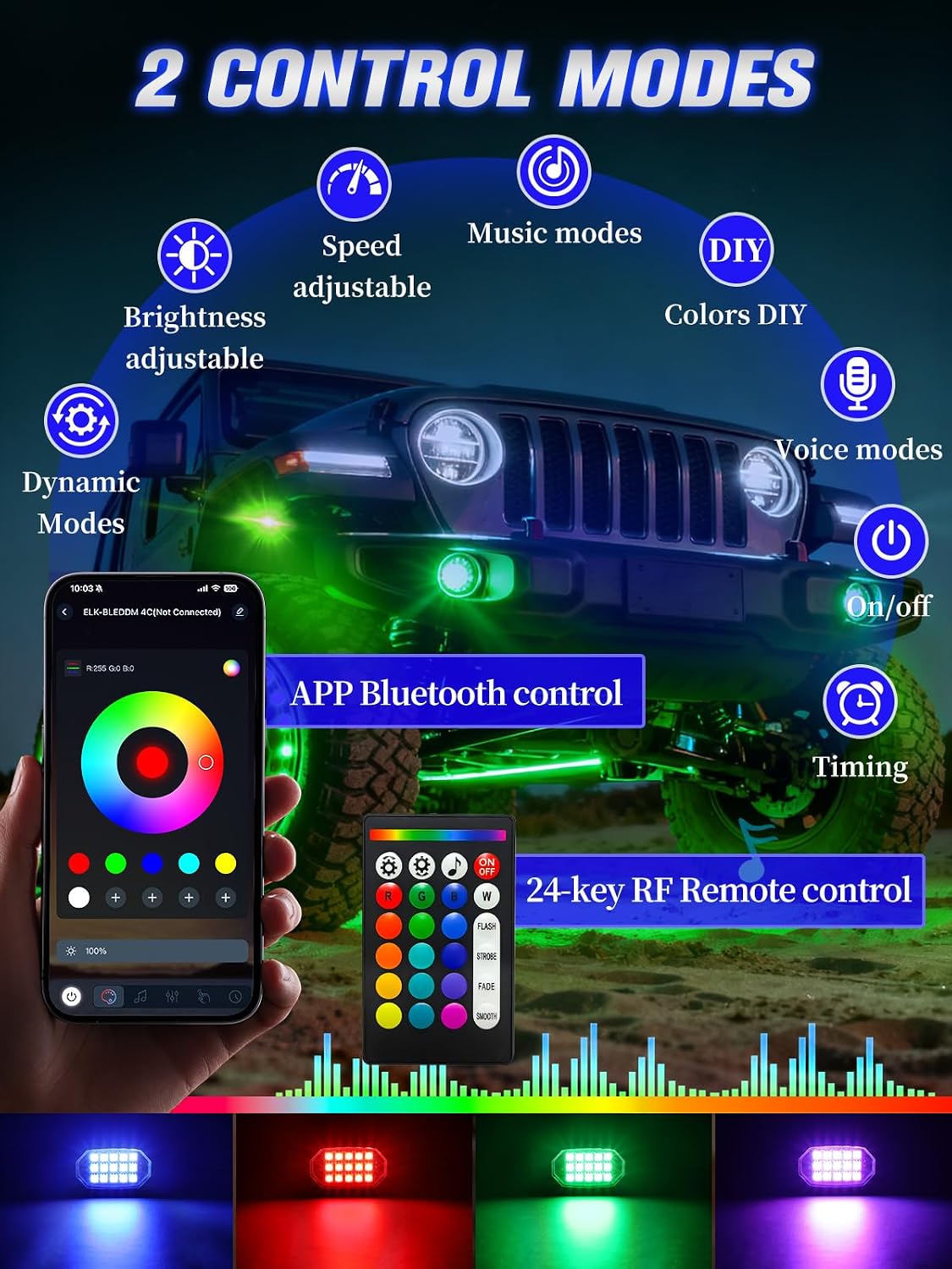 Thumbnail 1 de 8-Pod RGB LED Rock Lights Kit (APP/RF Remote) for 12V Trucks, Jeeps, UTVs, RZR & More