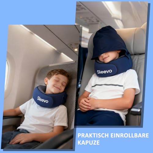 Detalle de Sleevo Nackenkissen Flugzeug Kinder mit Kapuze & Memory Foam – Blau, ab 6 Jahren