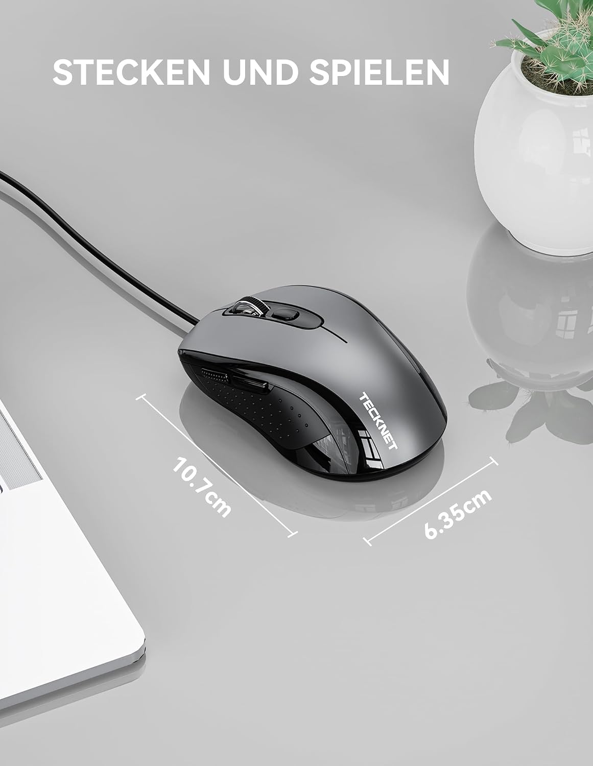 Detalle de TECKNET Maus mit Kabel (6400 DPI) – ergonomische Business-Optik mit 6 Tasten, 4 DPI-Level und USB-Plug&Play (Grau)