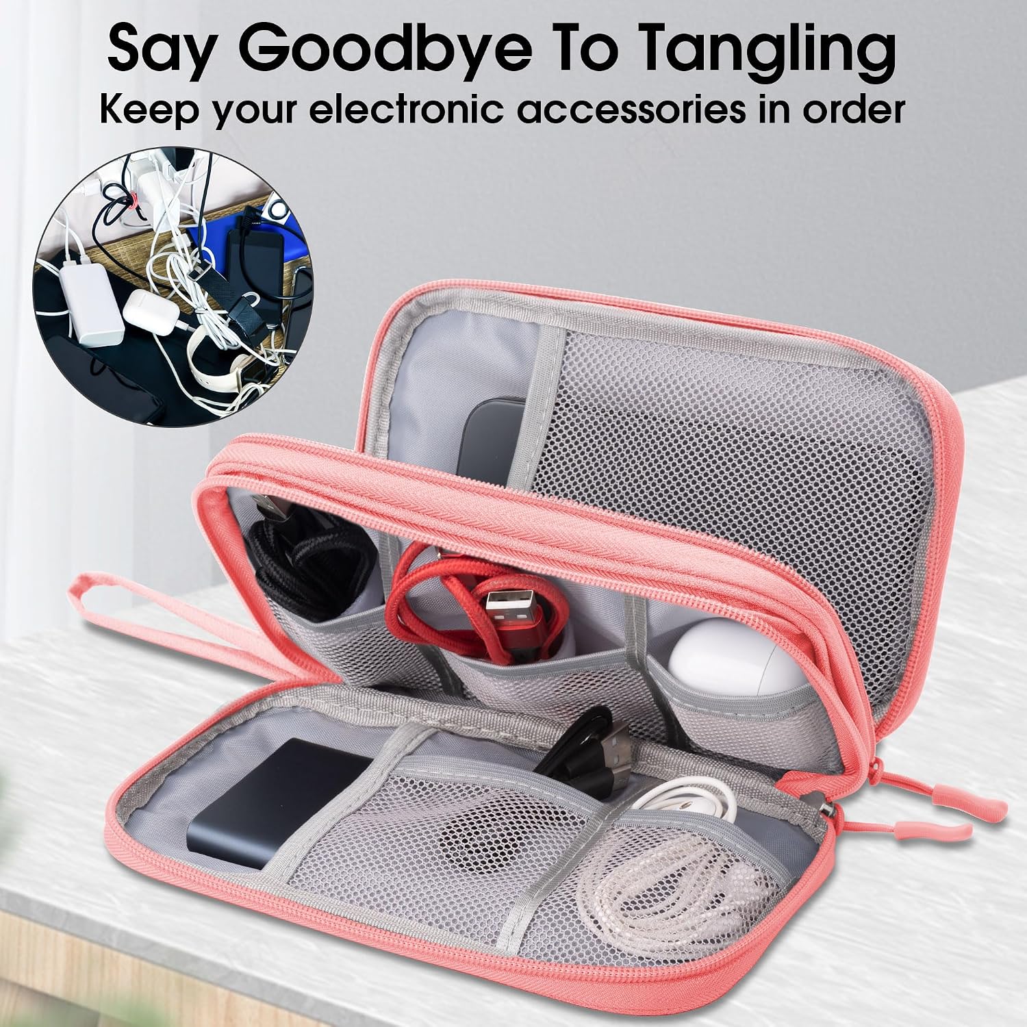 Thumbnail 4 de Arae Electronic Accessories Organizer Travel Essentials Cable Bag (Pink, M) with double-layer storage