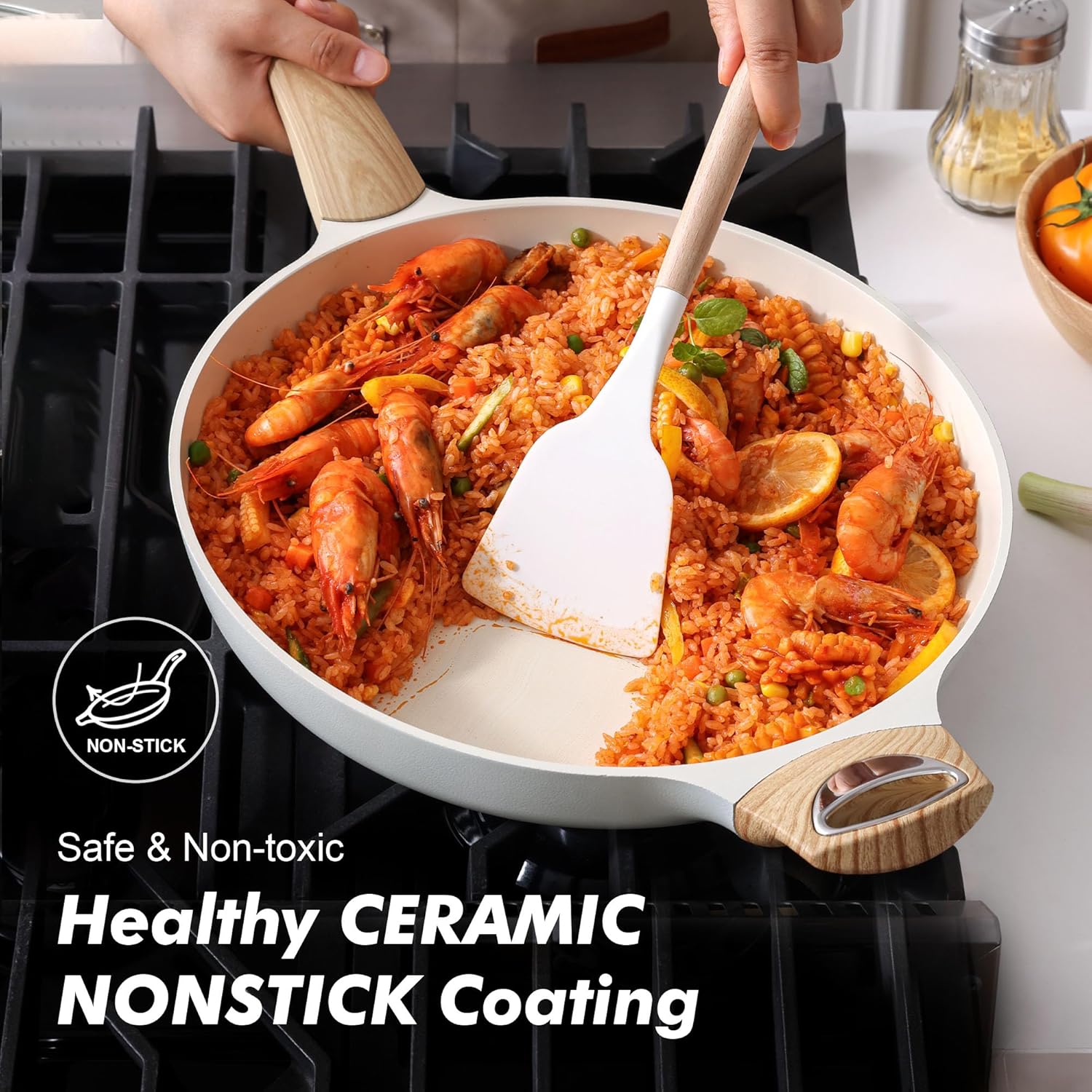 Thumbnail 1 de SENSARTE 12.5-Inch Ceramic Nonstick Frying Pan with Lid – Induction Compatible, Healthy Kitchen Chef’s Pan