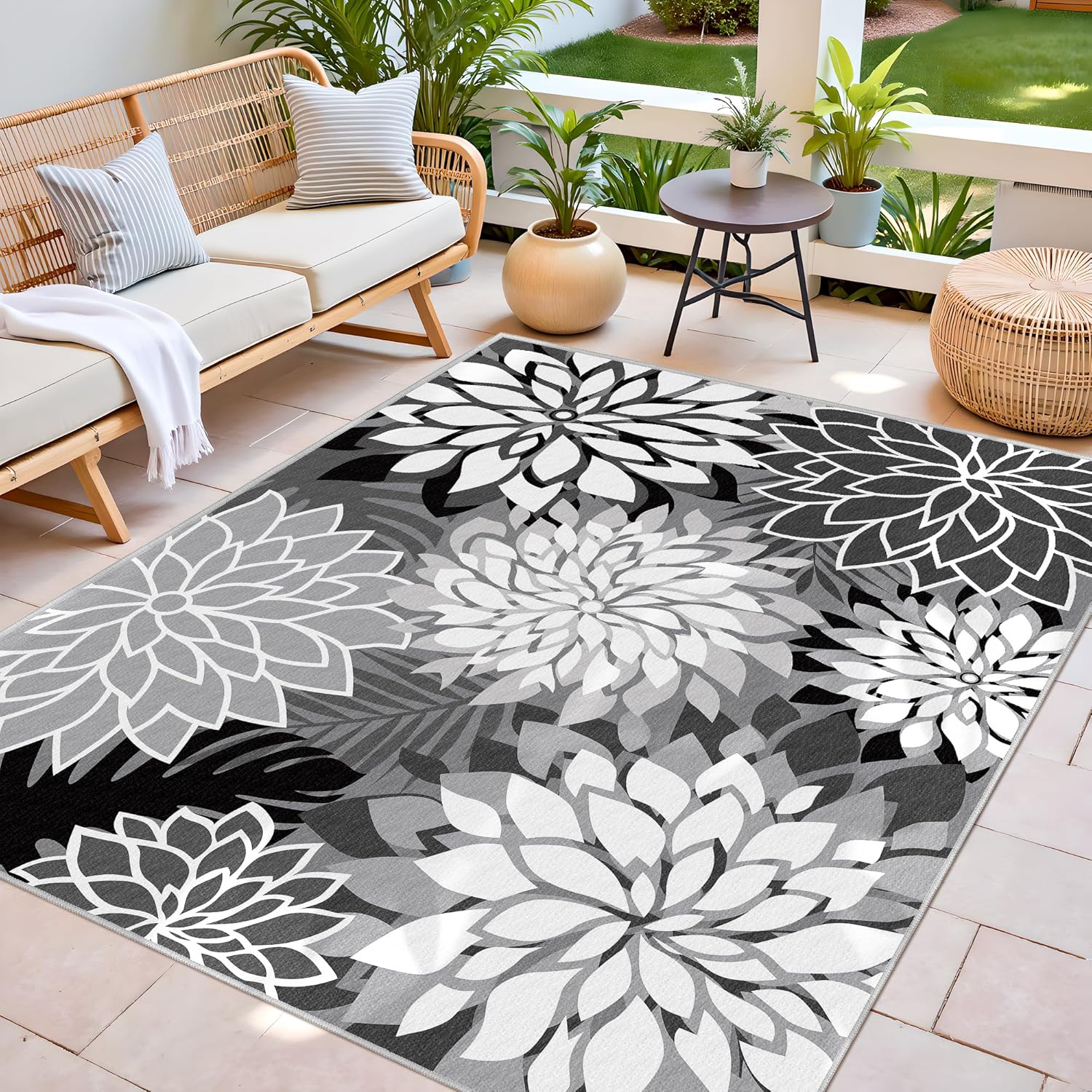 Thumbnail 2 de 9x12 Outdoor Area Rug Washable Multicolored Patio Rug: Floral Chenille, Waterproof & Non-Slip for Deck, Backyard, or Porch