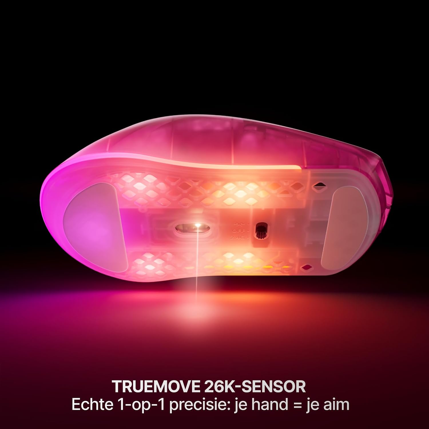 Detalle de SteelSeries Aerox 3 Gen 2 Wireless gamingmuis, 68 g, 4K-polling, 26.000 DPI, Magenta Haze