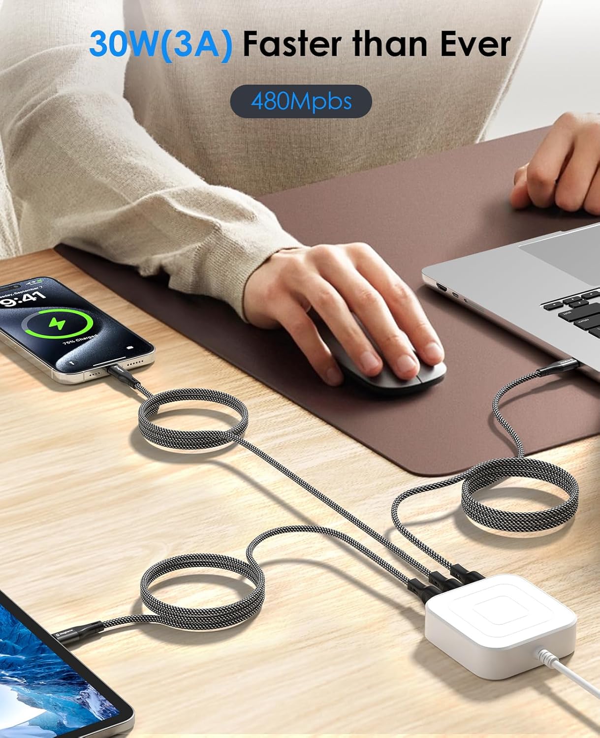 Thumbnail 3 de Magtame Magnetic USB-C Cable (Retractable Coiled) – 3.3ft Black, 30W Fast Charging, Nylon Braided