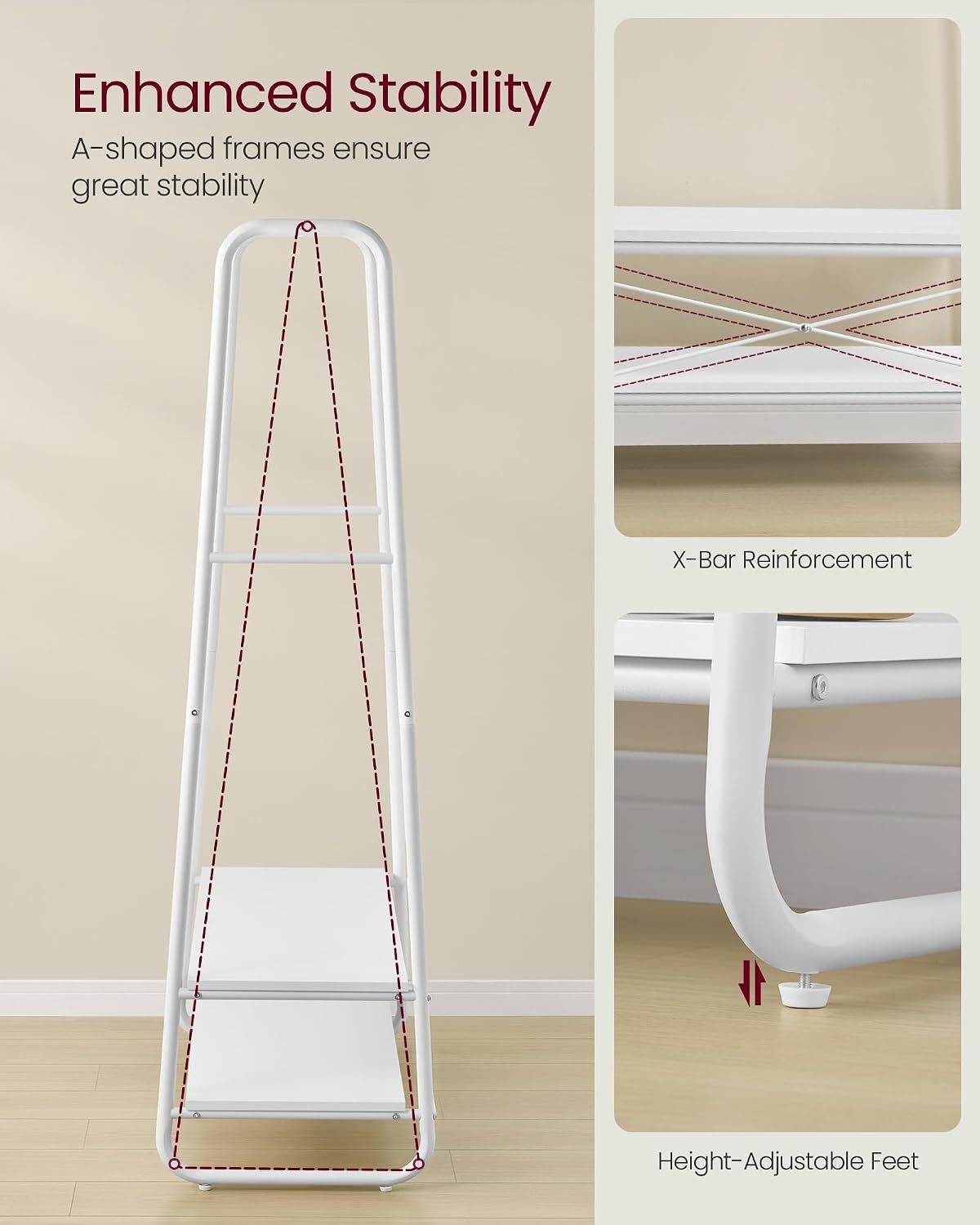 Detalle de VASAGLE COLTEN RGR112W02 Clothes Rail, 2 Shelves and 6 Hooks