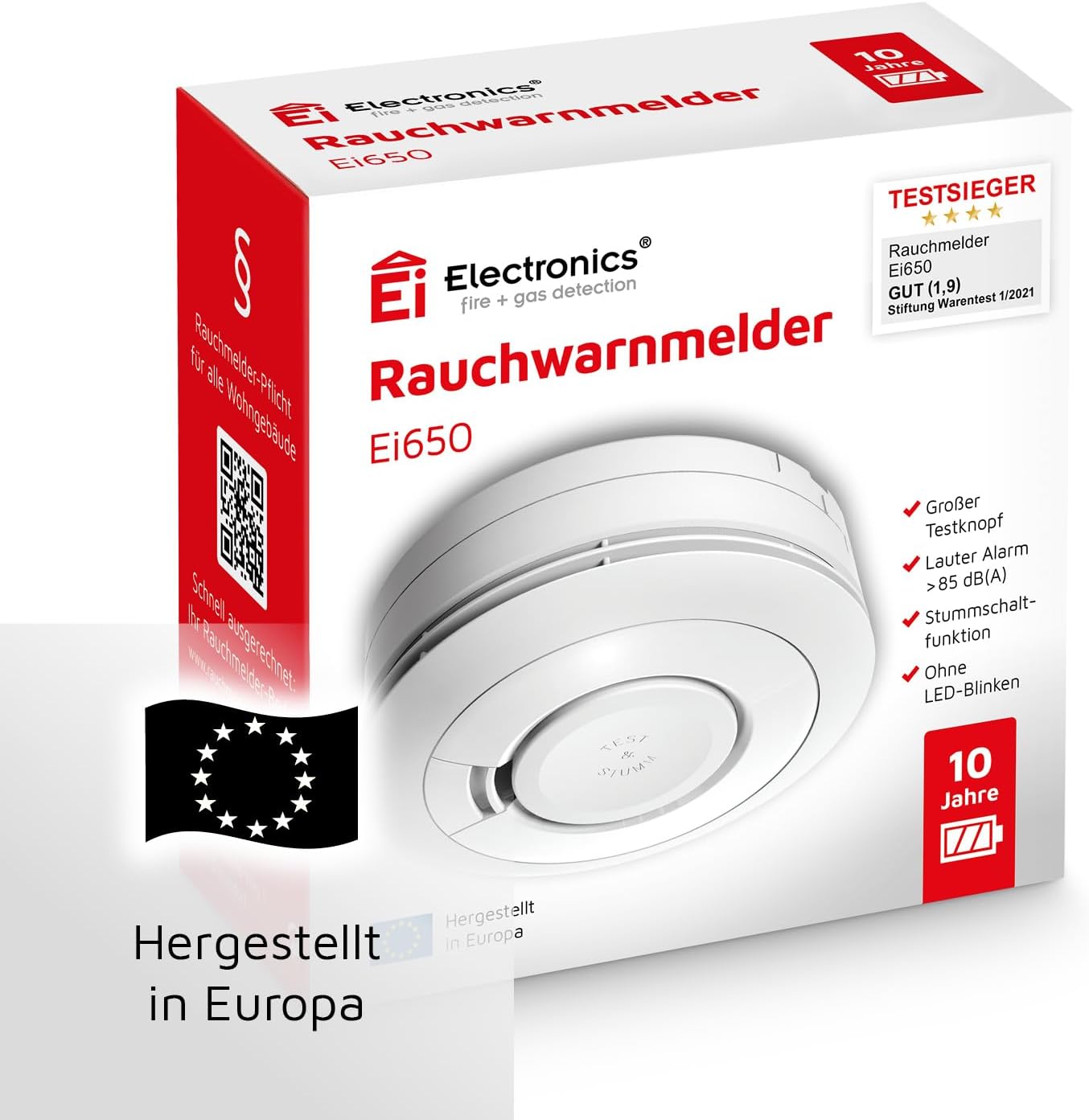 Detalle de Ei650 Rauchwarnmelder im 4er-Set – Stand-Alone mit 10-Jahres-Batterie, Testsieger Stiftung Warentest